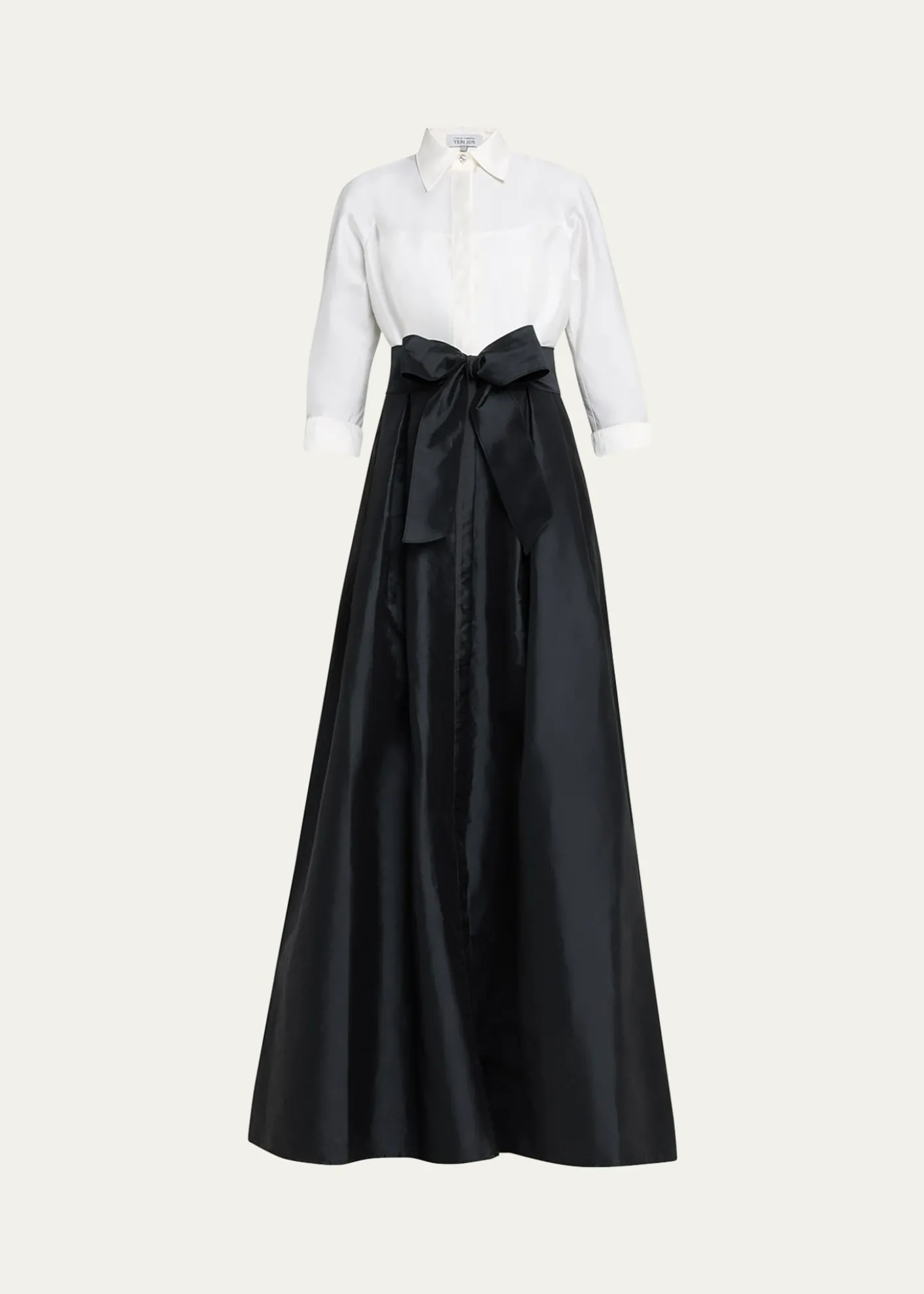 Rickie Freeman for Teri JonTwo-Tone 3/4-Sleeve Taffeta Shirtdress Gown
