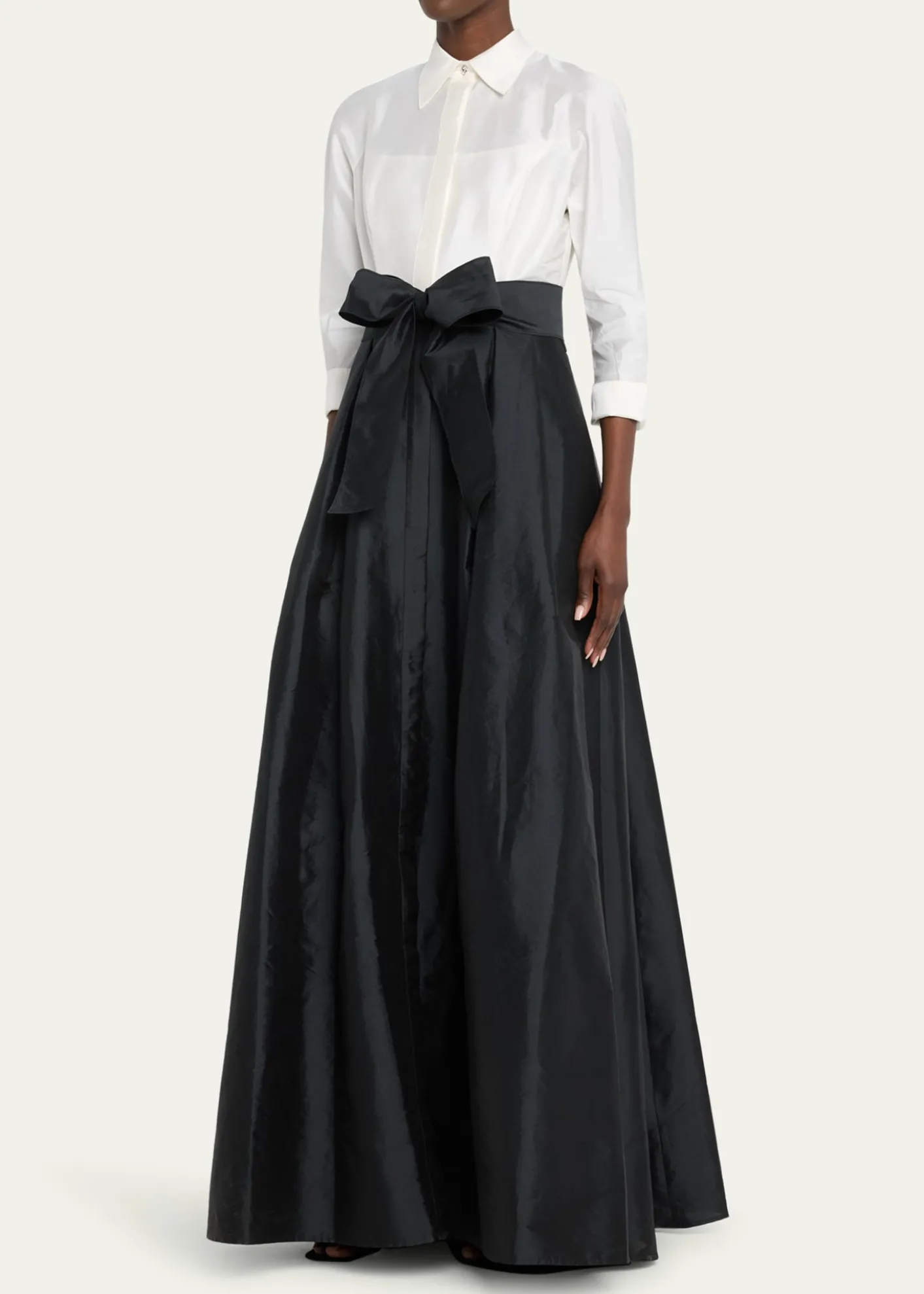 Rickie Freeman for Teri JonTwo-Tone 3/4-Sleeve Taffeta Shirtdress Gown