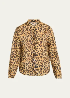 R13Leopard-Print Cotton Ruffle Blouse