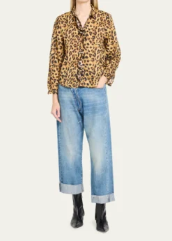 R13Leopard-Print Cotton Ruffle Blouse