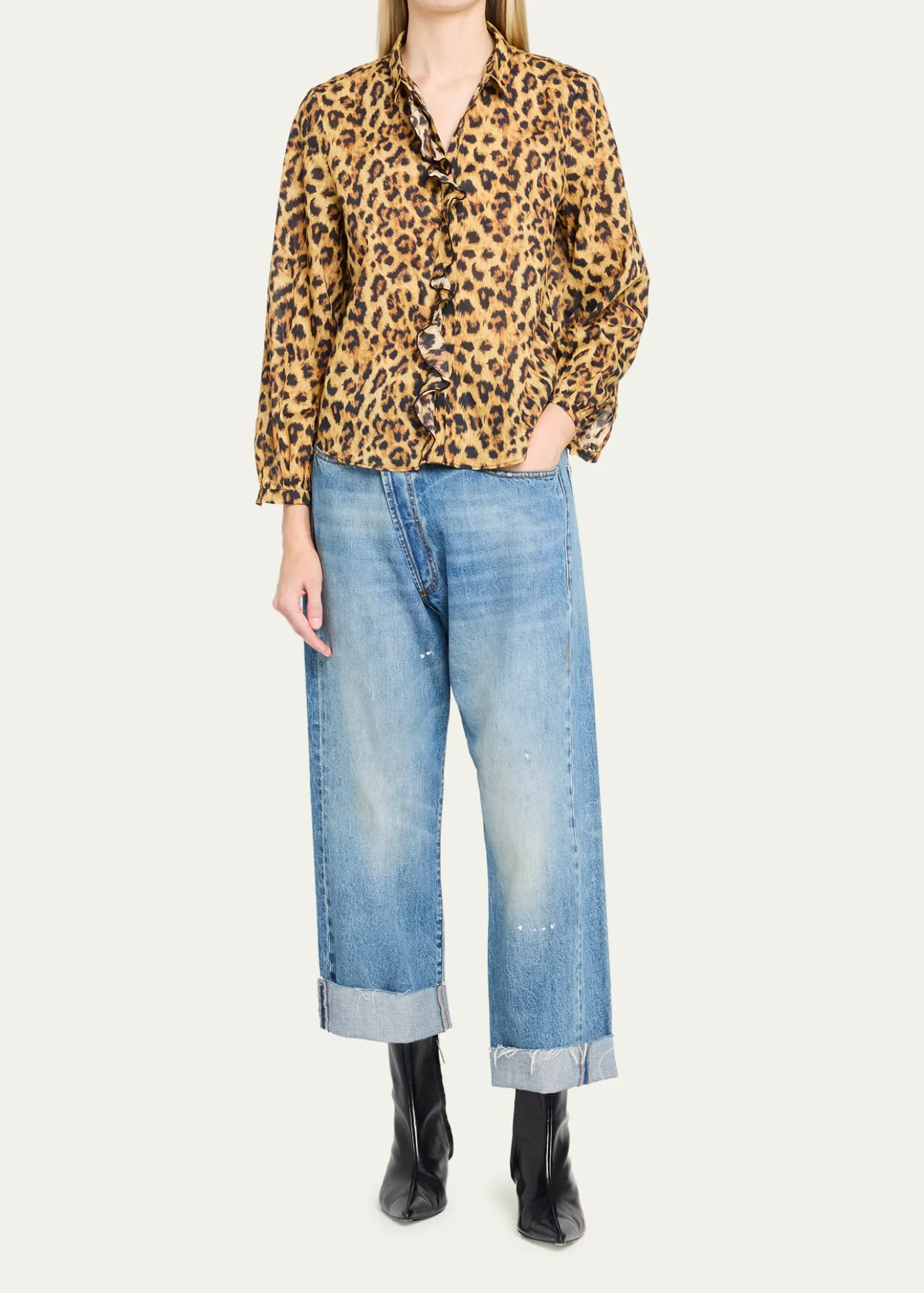 R13Leopard-Print Cotton Ruffle Blouse