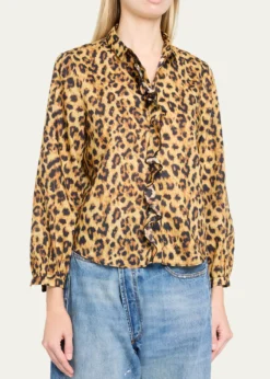 R13Leopard-Print Cotton Ruffle Blouse