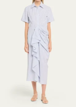 Rosie AssoulinGathered Ruffle Striped Cotton Midi Shirtdress