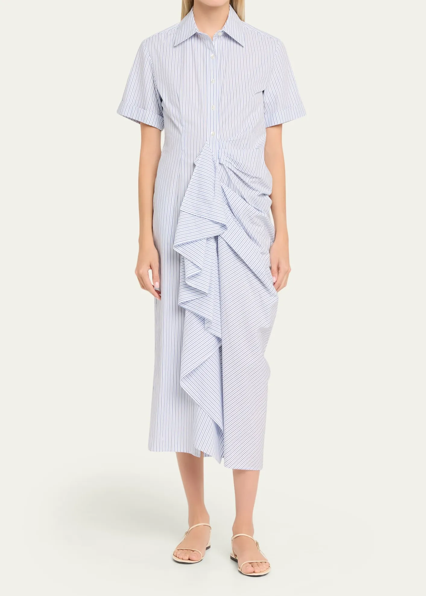 Rosie AssoulinGathered Ruffle Striped Cotton Midi Shirtdress