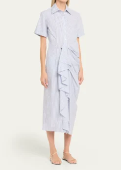 Rosie AssoulinGathered Ruffle Striped Cotton Midi Shirtdress
