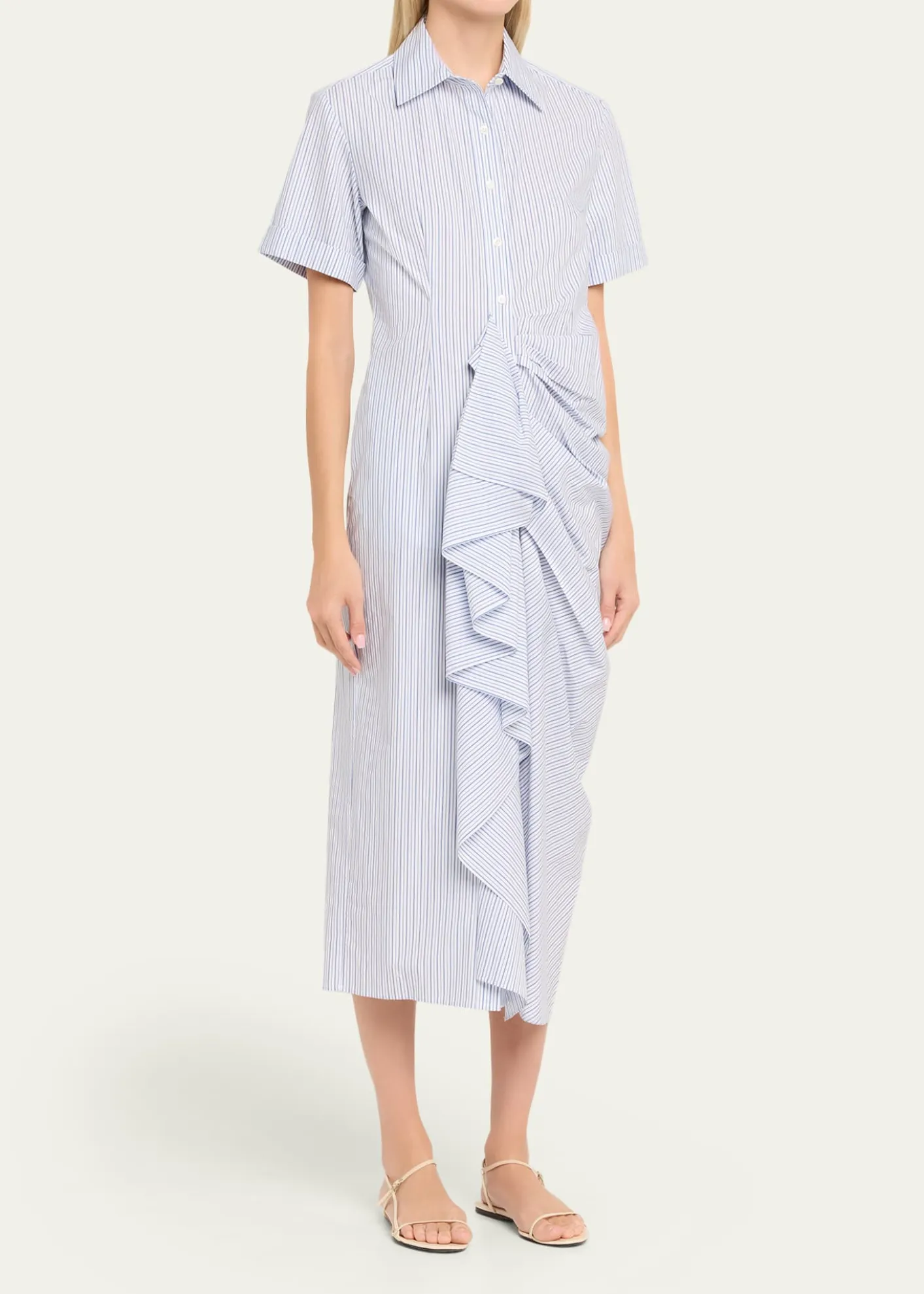 Rosie AssoulinGathered Ruffle Striped Cotton Midi Shirtdress