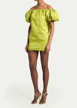 Saint LaurentDuchesse Satin Brocade Puff-Sleeve Mini Dress