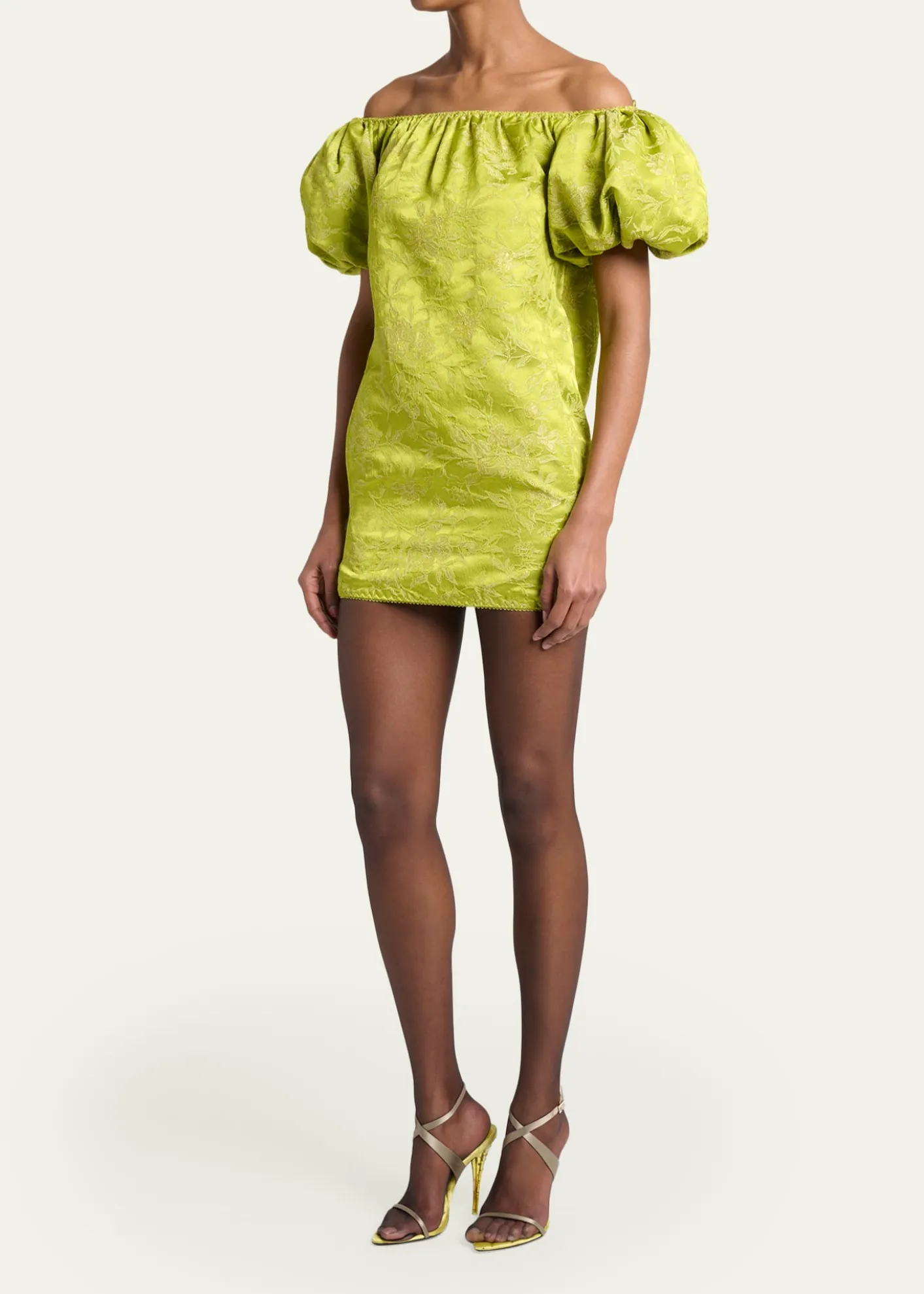 Saint LaurentDuchesse Satin Brocade Puff-Sleeve Mini Dress