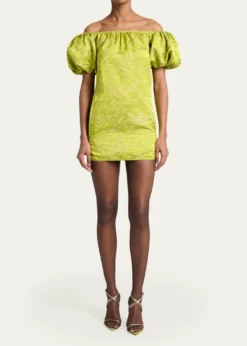 Saint LaurentDuchesse Satin Brocade Puff-Sleeve Mini Dress