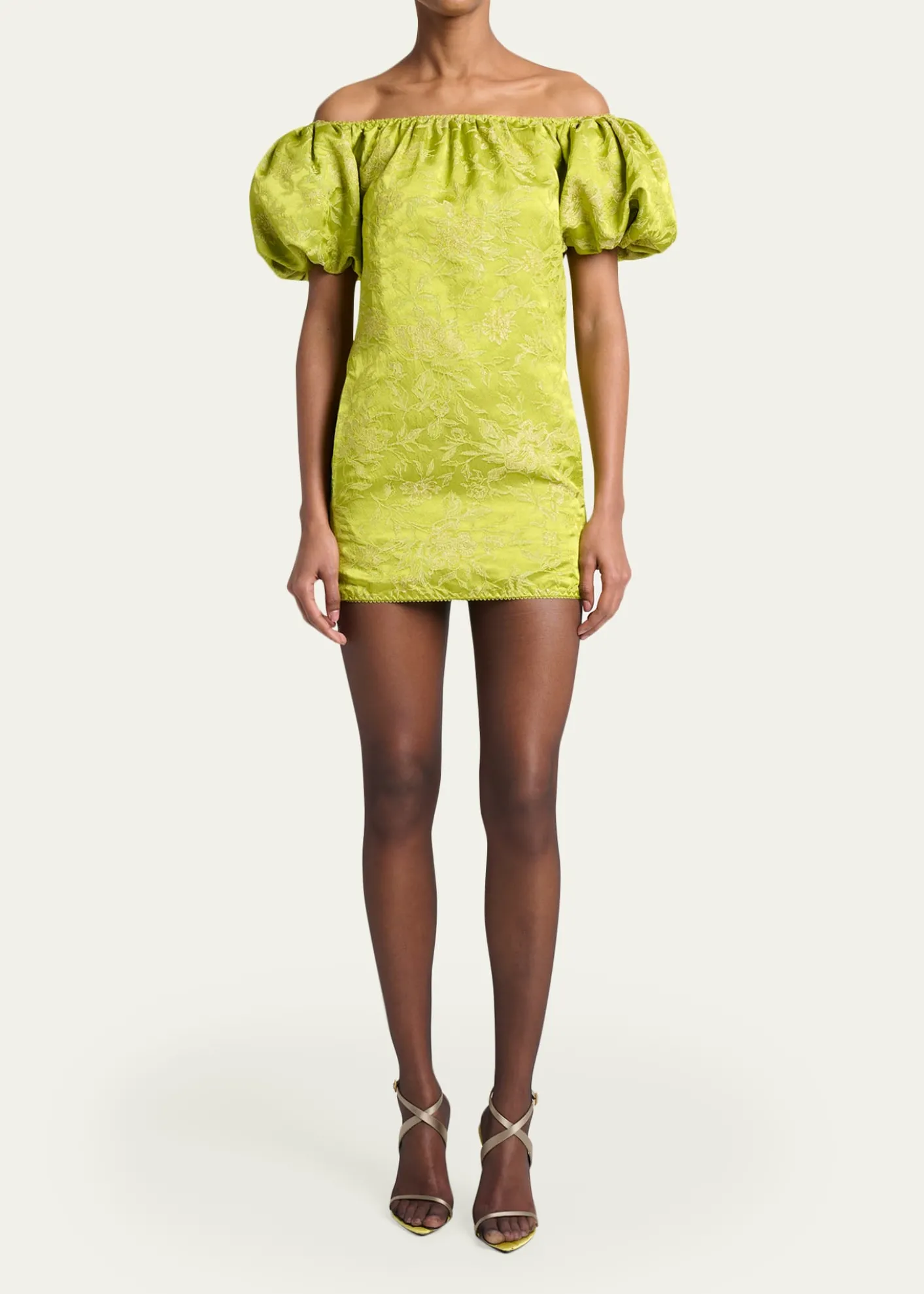 Saint LaurentDuchesse Satin Brocade Puff-Sleeve Mini Dress