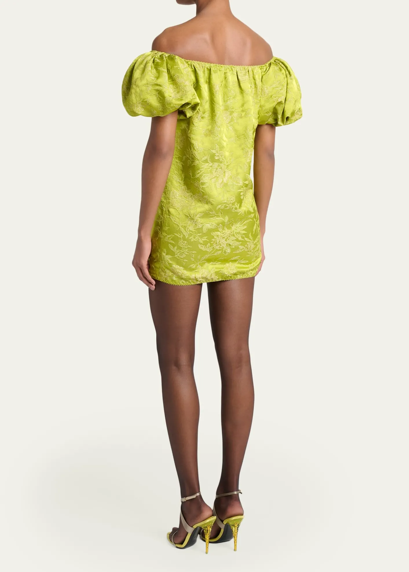 Saint LaurentDuchesse Satin Brocade Puff-Sleeve Mini Dress
