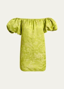 Saint LaurentDuchesse Satin Brocade Puff-Sleeve Mini Dress