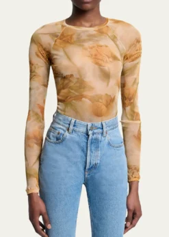 Saint LaurentFloral-Print Mesh Long-Sleeve Top