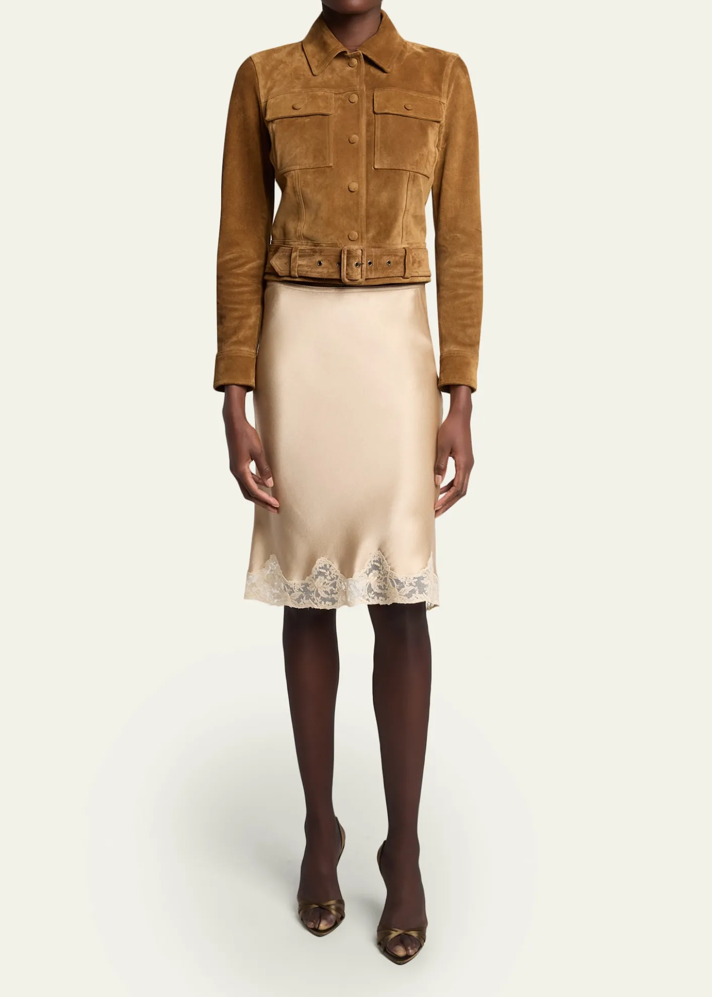 Saint LaurentLace-Trim Satin Knee-Length Skirt