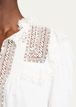 Saint LaurentLace-Yoke Ruffle Poplin Blouse