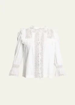 Saint LaurentLace-Yoke Ruffle Poplin Blouse