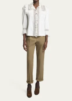 Saint LaurentLace-Yoke Ruffle Poplin Blouse