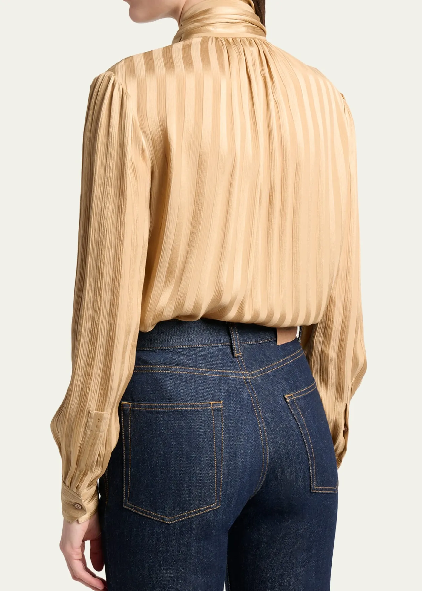 Saint LaurentLavalliere Striped Silk Long-Sleeve Blouse