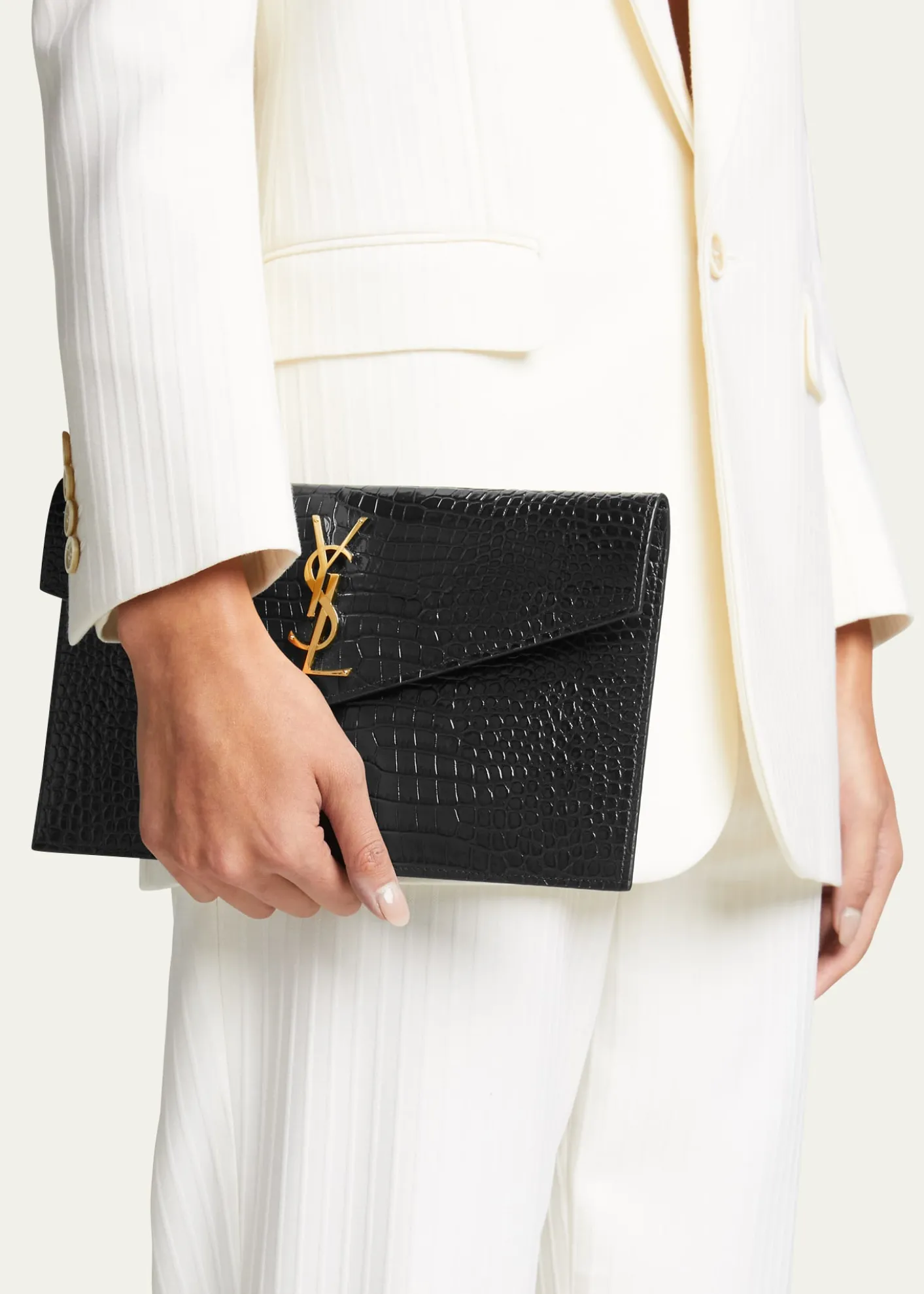 Saint LaurentUptown Medium YSL Monogram Croc-Embossed Pouch Bag