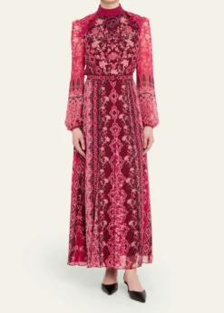 SaloniJacqui-B Belted Floral Silk Midi Dress