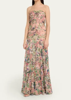 SaloniKristie Strapless Floral Drop-Waist Gown