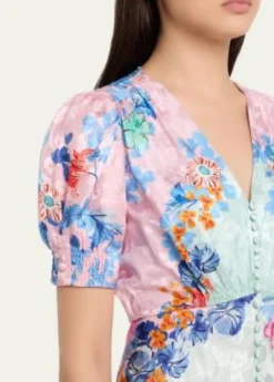 SaloniLea Floral Silk Jacquard Button-Front Midi Dress