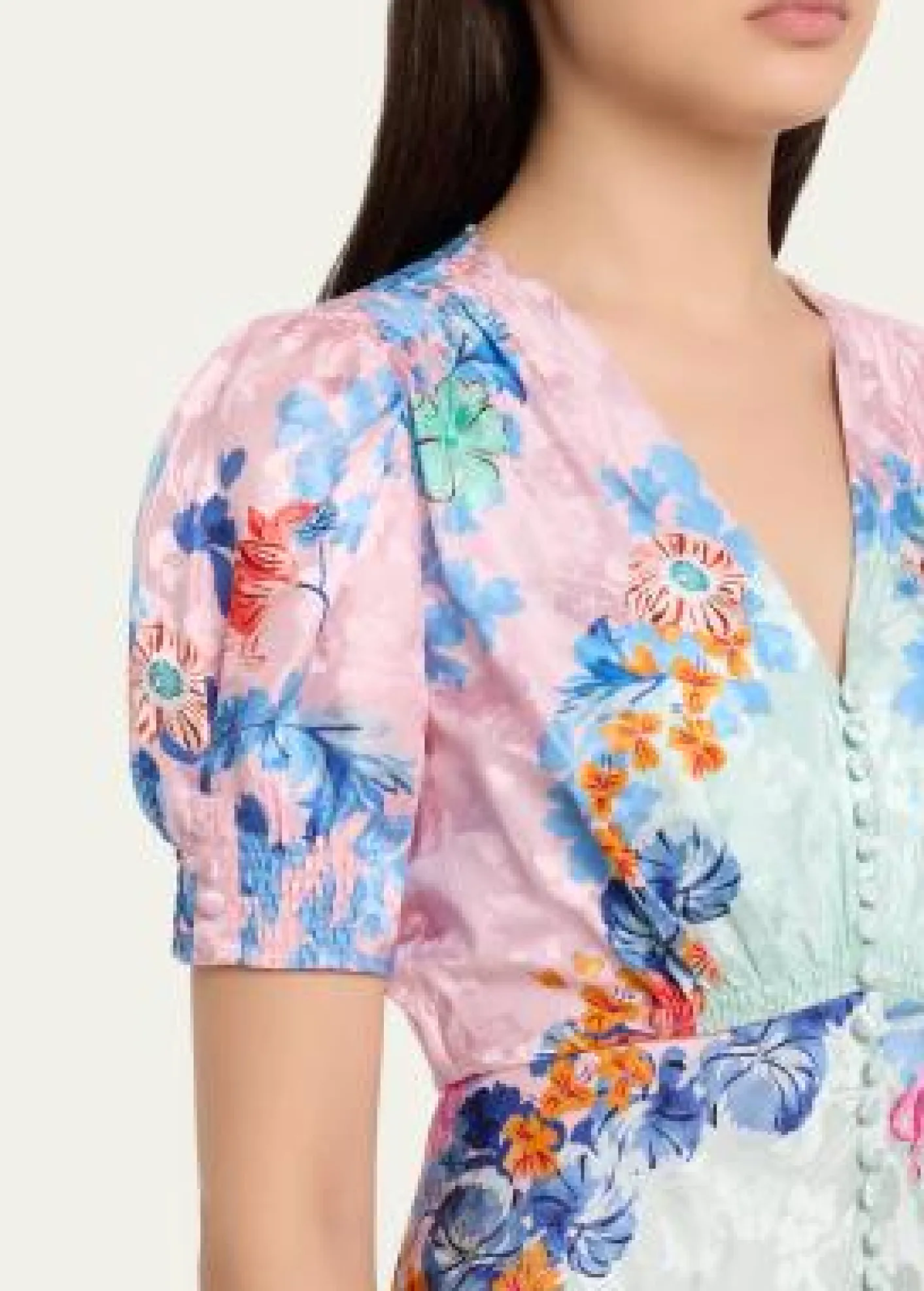 SaloniLea Floral Silk Jacquard Button-Front Midi Dress