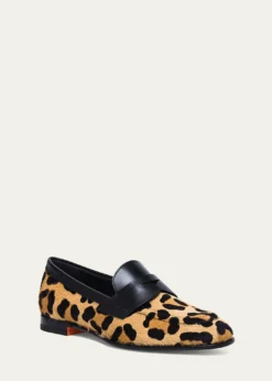 SantoniFacile Leather Leopard Penny Loafers