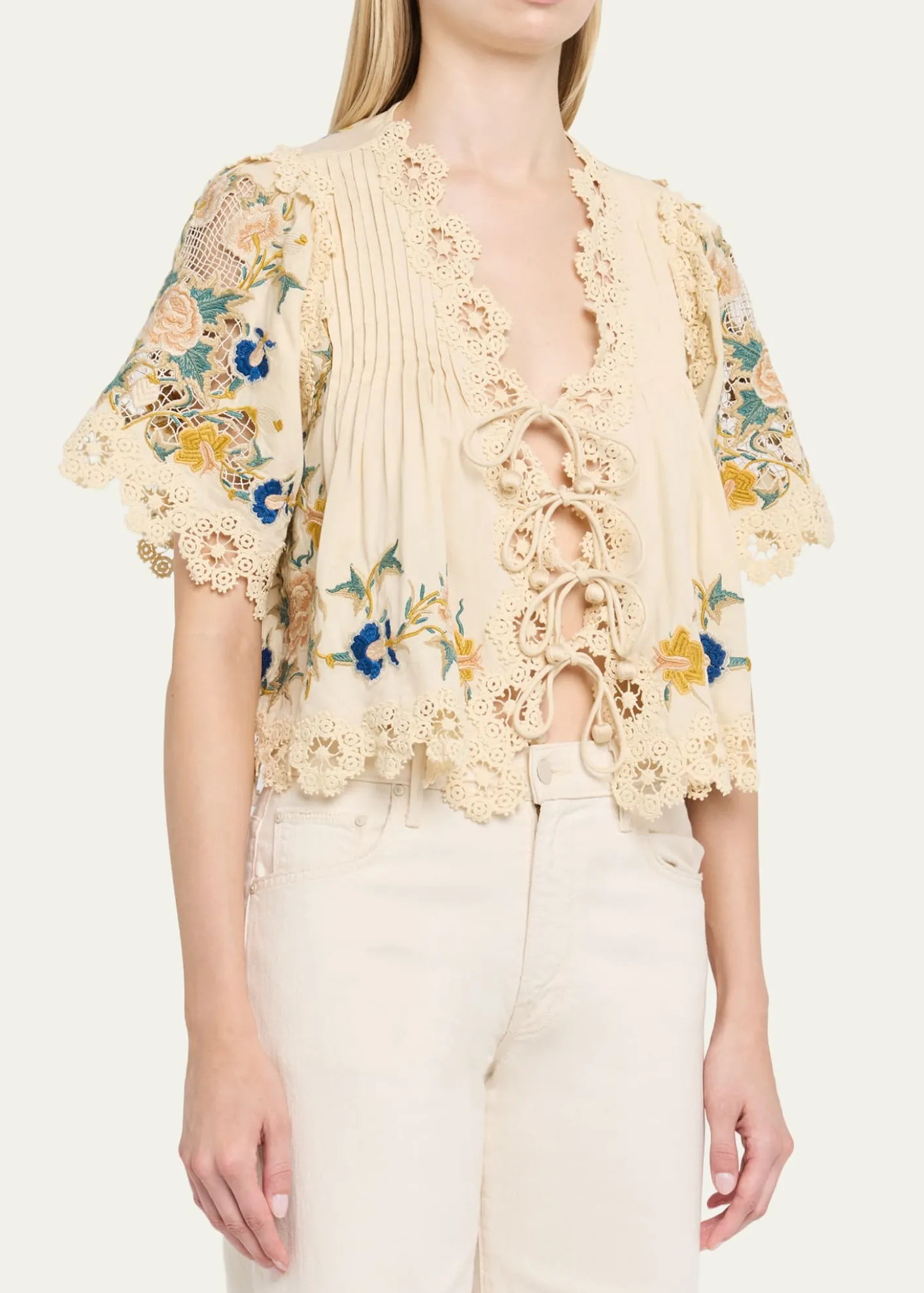 SeaAdonna Embroidered Tie-Front Top