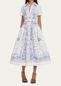 Self-PortraitEmbroidered Cotton Belted Midi Dress