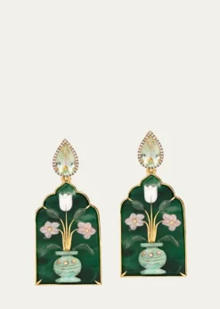 Silvia Furmanovich18K Yellow Gold Window Shape Malachite Earrings with Mother Of Pearl, Pink Opal, Chrysocolla, Diamonds and Prasiolite