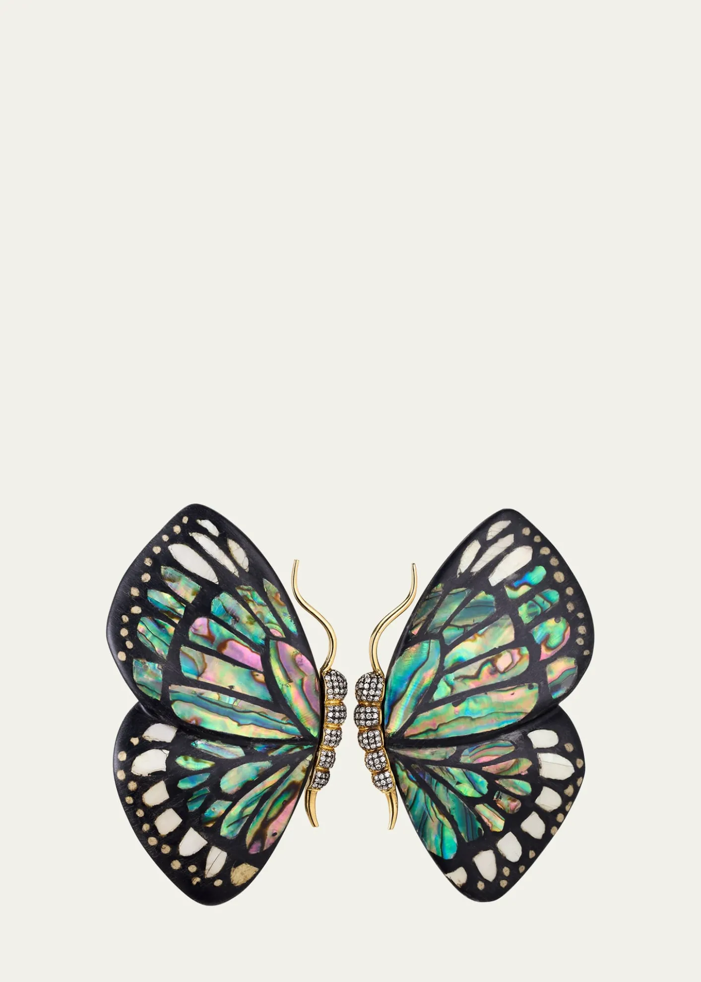 Silvia Furmanovich18K Yellow Gold Butterfly Wing Marquetry Earrings with Mother Of Pearl, Abalone Inlay and Diamonds