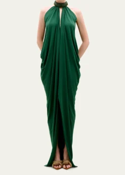 Silvia TcherassiNiagara Draped Leather-Trim Halter Maxi Dress