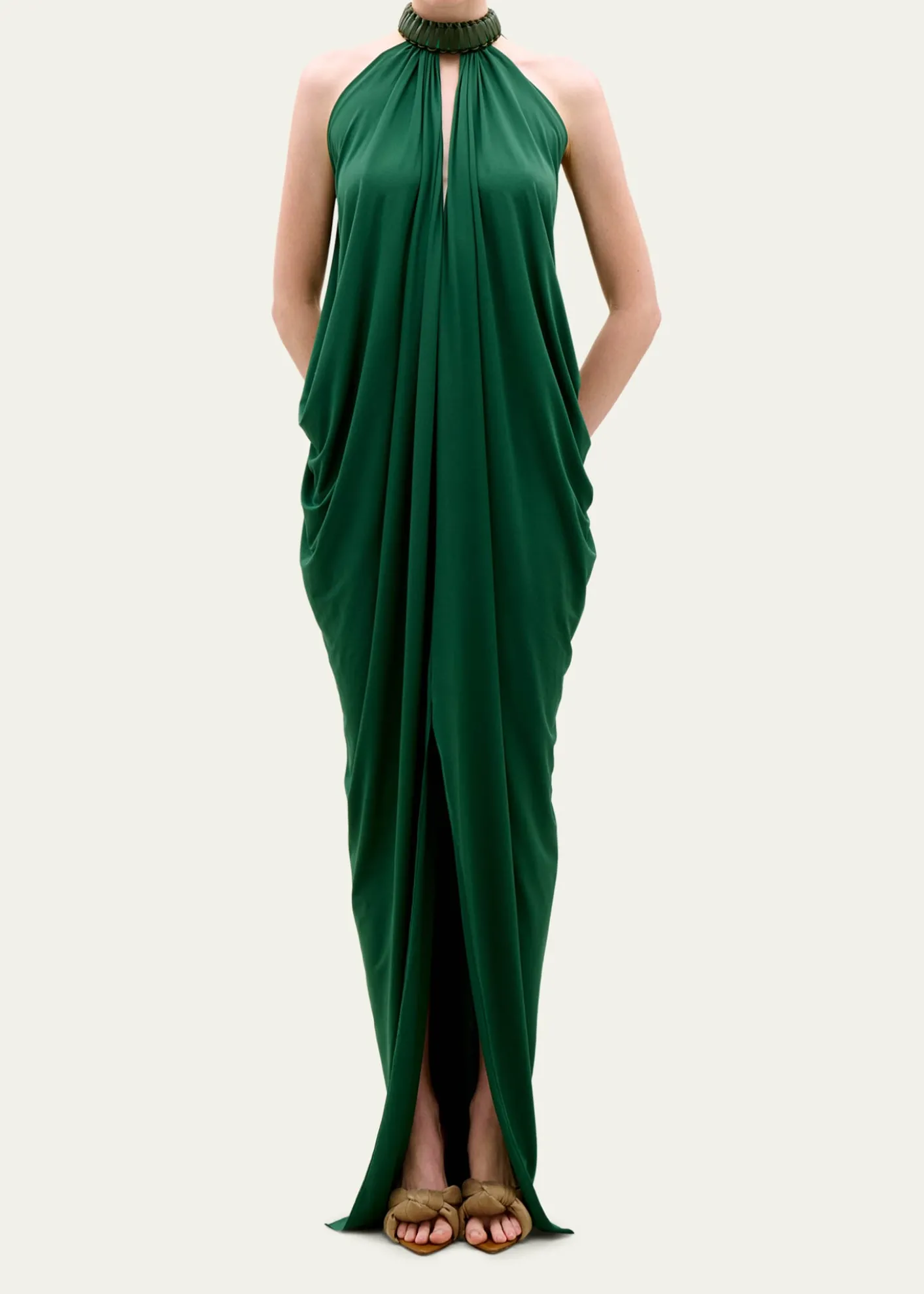 Silvia TcherassiNiagara Draped Leather-Trim Halter Maxi Dress