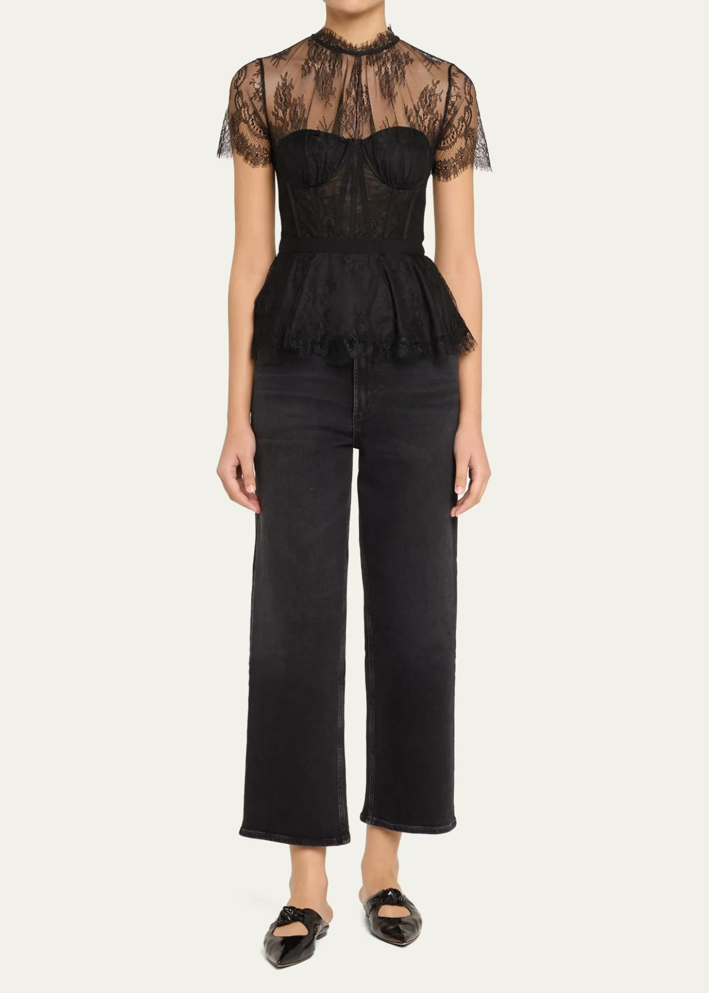 SIMKHAIKehlani Sheer Lace Short-Sleeve Peplum Bustier Top