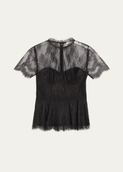 SIMKHAIKehlani Sheer Lace Short-Sleeve Peplum Bustier Top