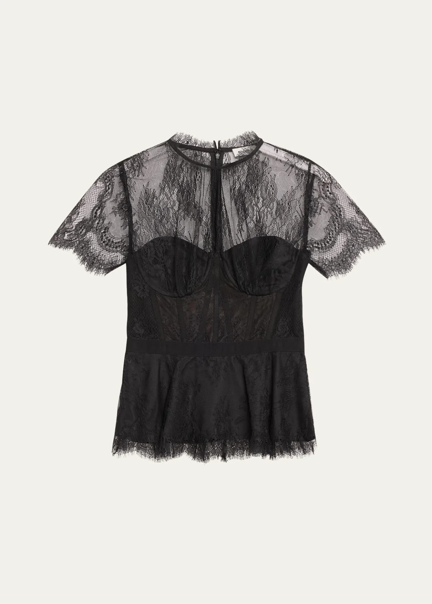 SIMKHAIKehlani Sheer Lace Short-Sleeve Peplum Bustier Top