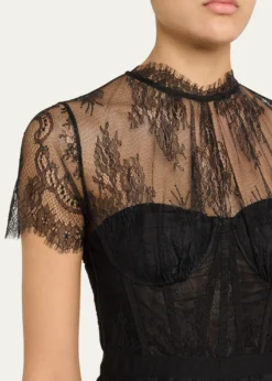 SIMKHAIKehlani Sheer Lace Short-Sleeve Peplum Bustier Top