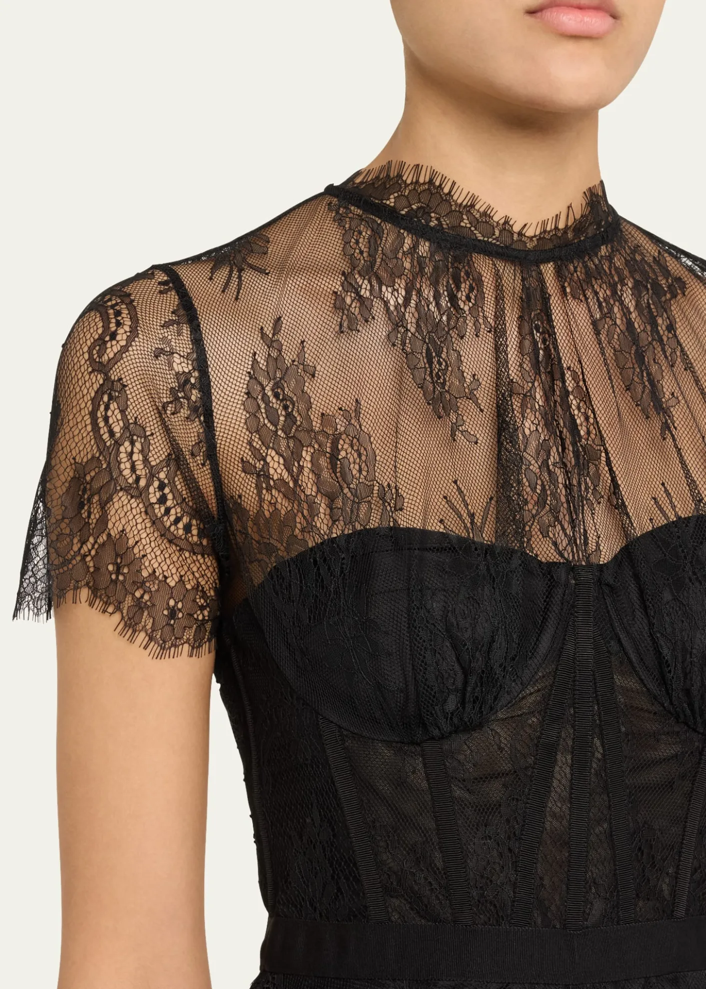 SIMKHAIKehlani Sheer Lace Short-Sleeve Peplum Bustier Top