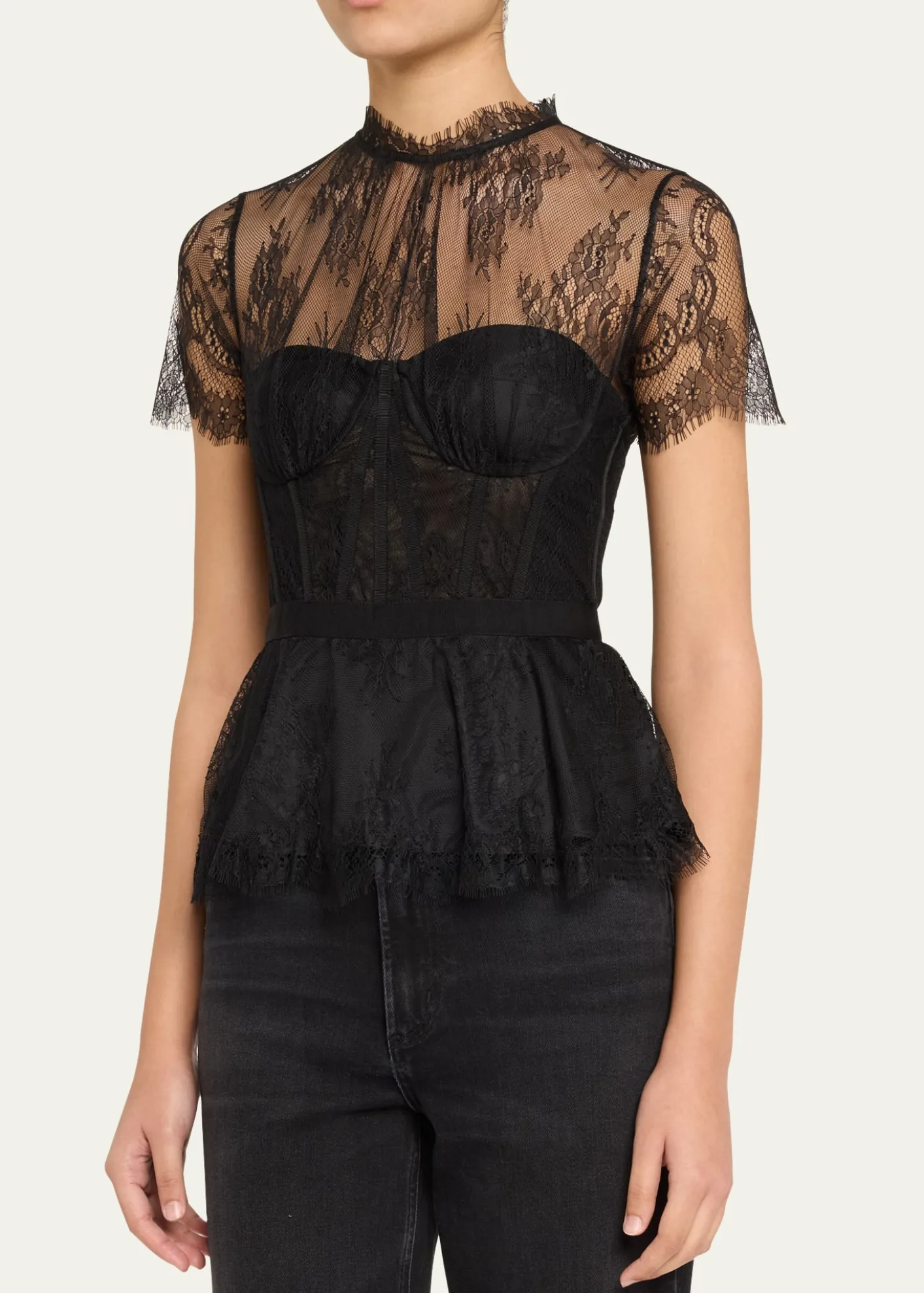 SIMKHAIKehlani Sheer Lace Short-Sleeve Peplum Bustier Top