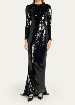 Stella McCartneySequined Long-Sleeve Backless Trumpet Gown