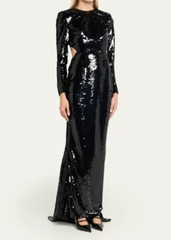 Stella McCartneySequined Long-Sleeve Backless Trumpet Gown
