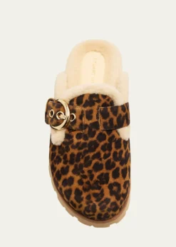 Stuart WeitzmanChrystie Shearling-Lined Leopard Suede Mules