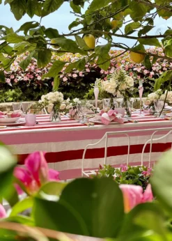 SUMMERILL & BISHOPRaspberry/Rose Pink Stripe Linen Tablecloth, 65" x 98"