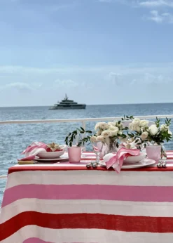 SUMMERILL & BISHOPRaspberry/Rose Pink Stripe Linen Tablecloth, 65