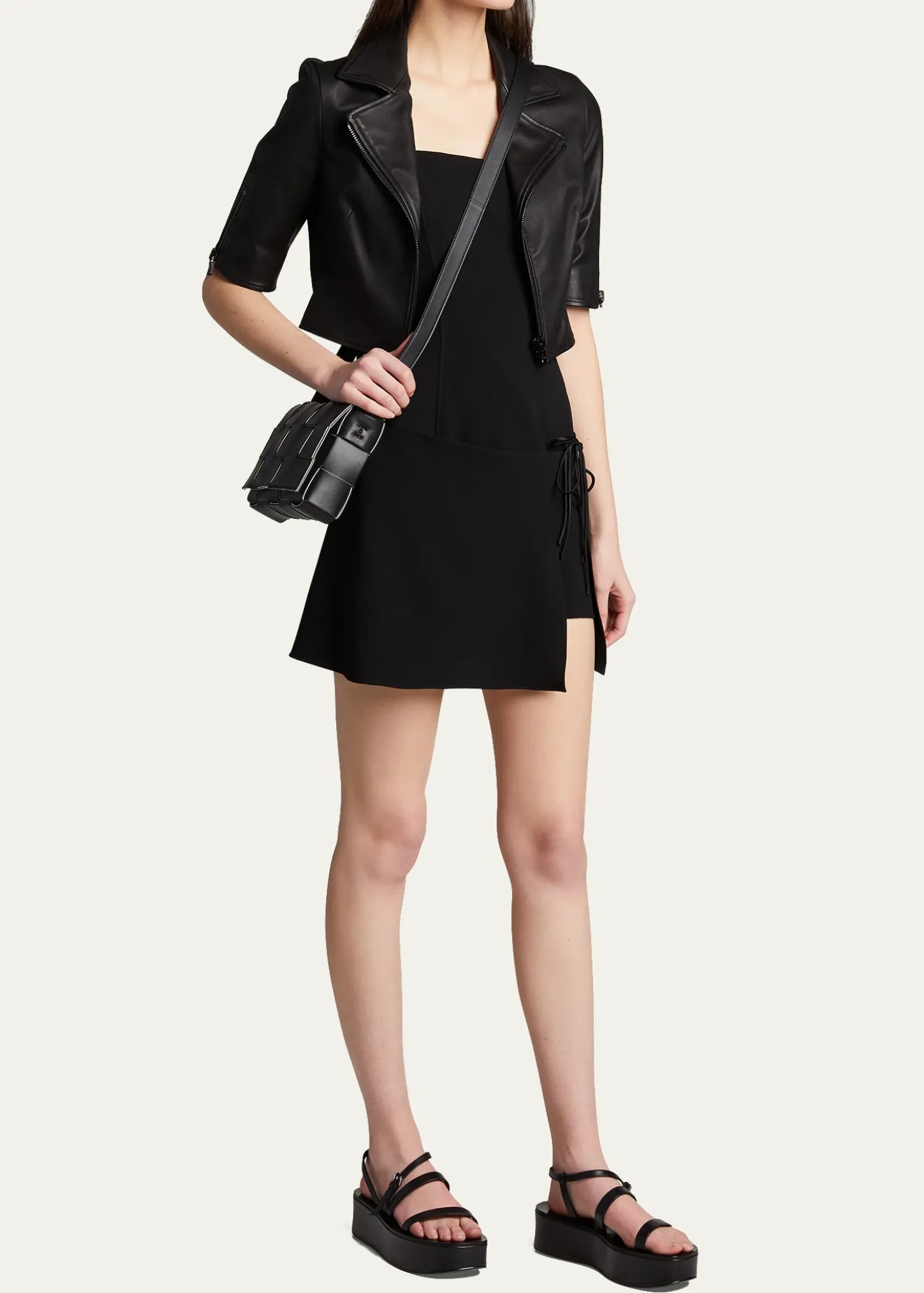 Susan BenderShort-Sleeve Cropped Leather Moto Jacket