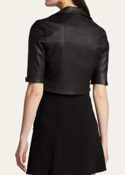 Susan BenderShort-Sleeve Cropped Leather Moto Jacket