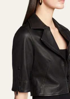 Susan BenderShort-Sleeve Cropped Leather Moto Jacket