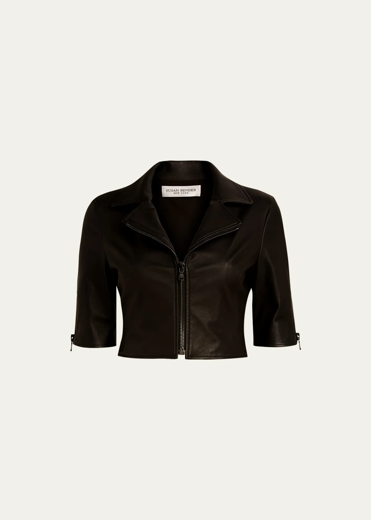Susan BenderShort-Sleeve Cropped Leather Moto Jacket