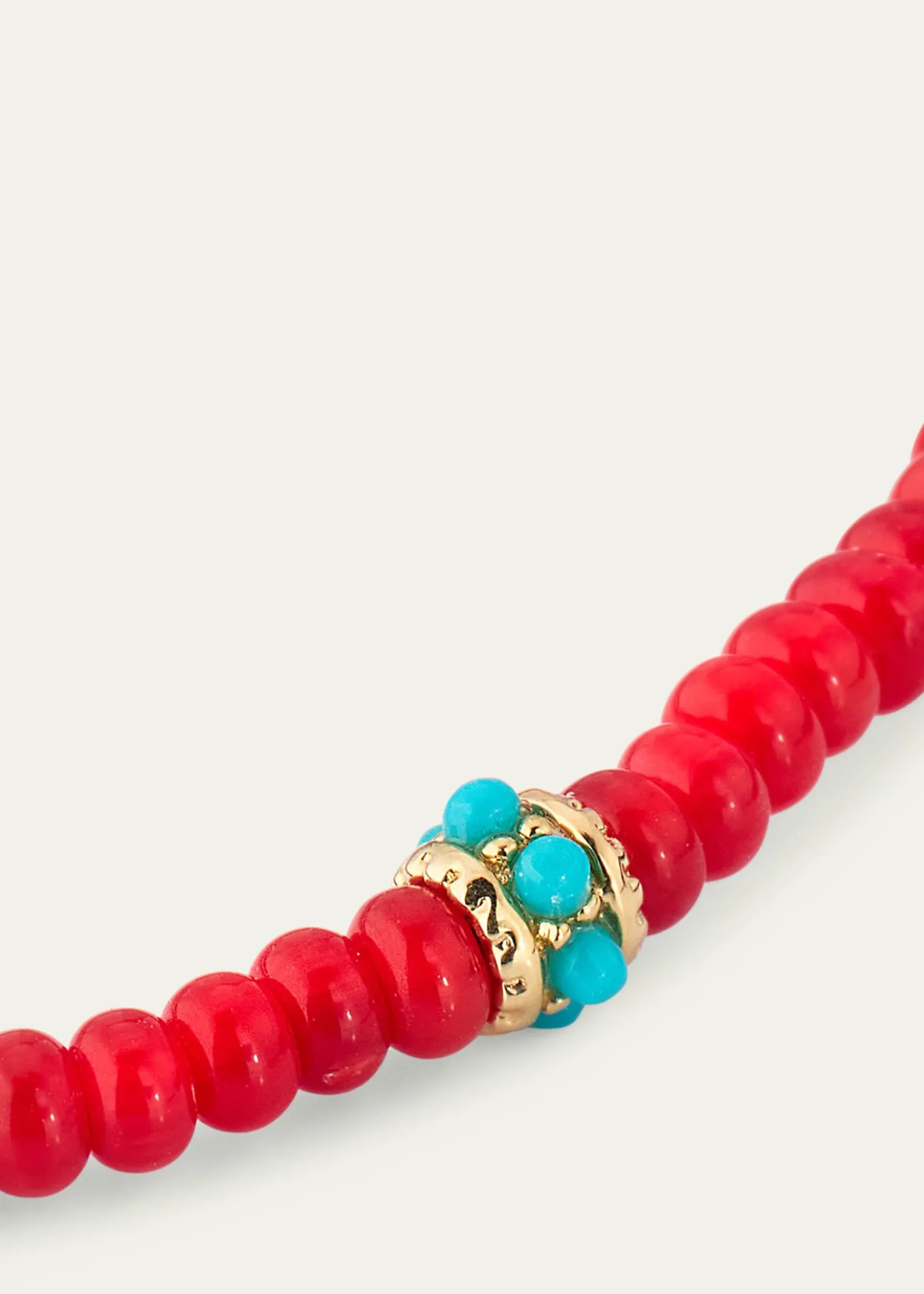 Sydney EvanGold and Turquoise Scallop Rondelle on Red Bamboo Coral Bracelet